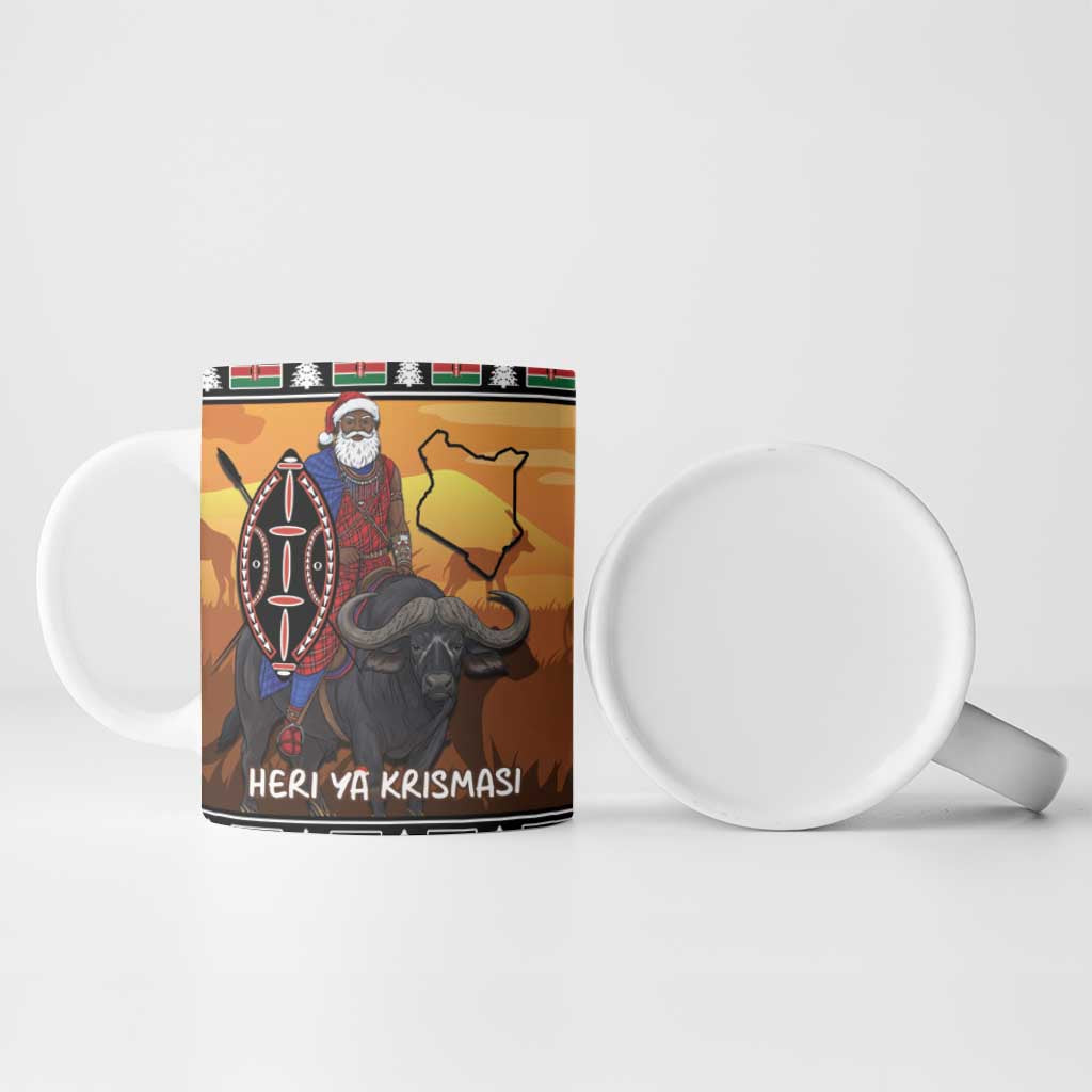 Kenya Safari Christmas Ceramic Mug Black Santa Riding Cape Buffalo - Heri ya Krismasi - Wonder Print Shop