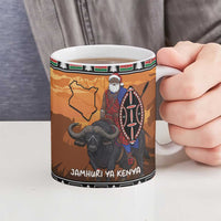 Kenya Safari Christmas Ceramic Mug Black Santa Riding Cape Buffalo - Heri ya Krismasi - Wonder Print Shop