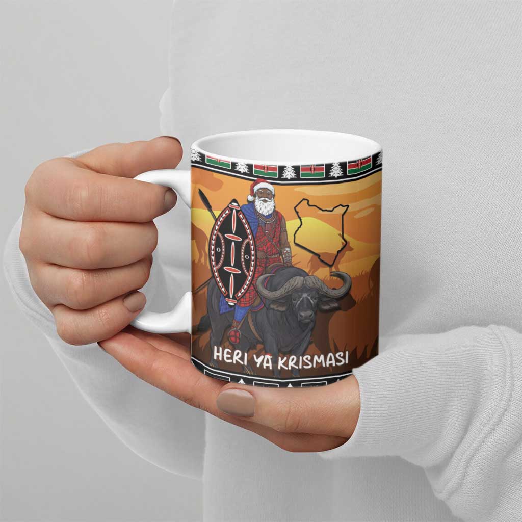 Kenya Safari Christmas Ceramic Mug Black Santa Riding Cape Buffalo - Heri ya Krismasi - Wonder Print Shop