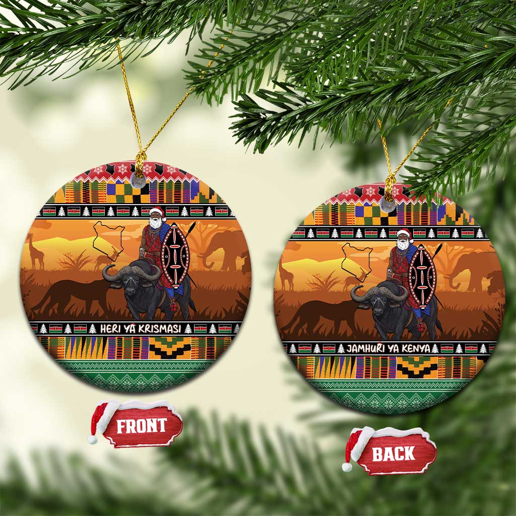 Kenya Safari Christmas Ceramic Ornament Black Santa Riding Cape Buffalo - Heri ya Krismasi - Wonder Print Shop
