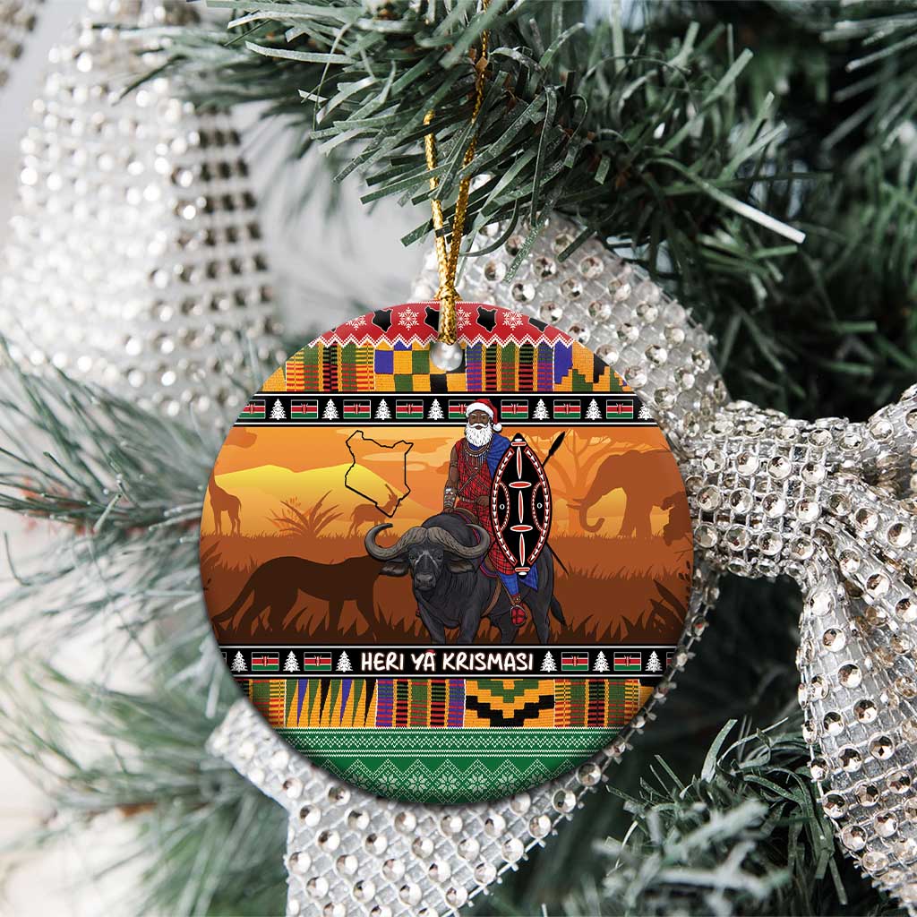 Kenya Safari Christmas Ceramic Ornament Black Santa Riding Cape Buffalo - Heri ya Krismasi - Wonder Print Shop
