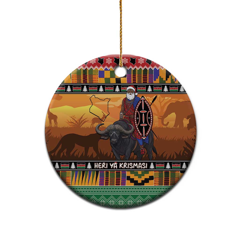 Kenya Safari Christmas Ceramic Ornament Black Santa Riding Cape Buffalo - Heri ya Krismasi - Wonder Print Shop