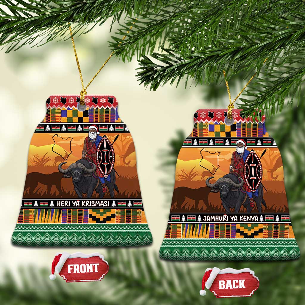 Kenya Safari Christmas Ceramic Ornament Black Santa Riding Cape Buffalo - Heri ya Krismasi - Wonder Print Shop
