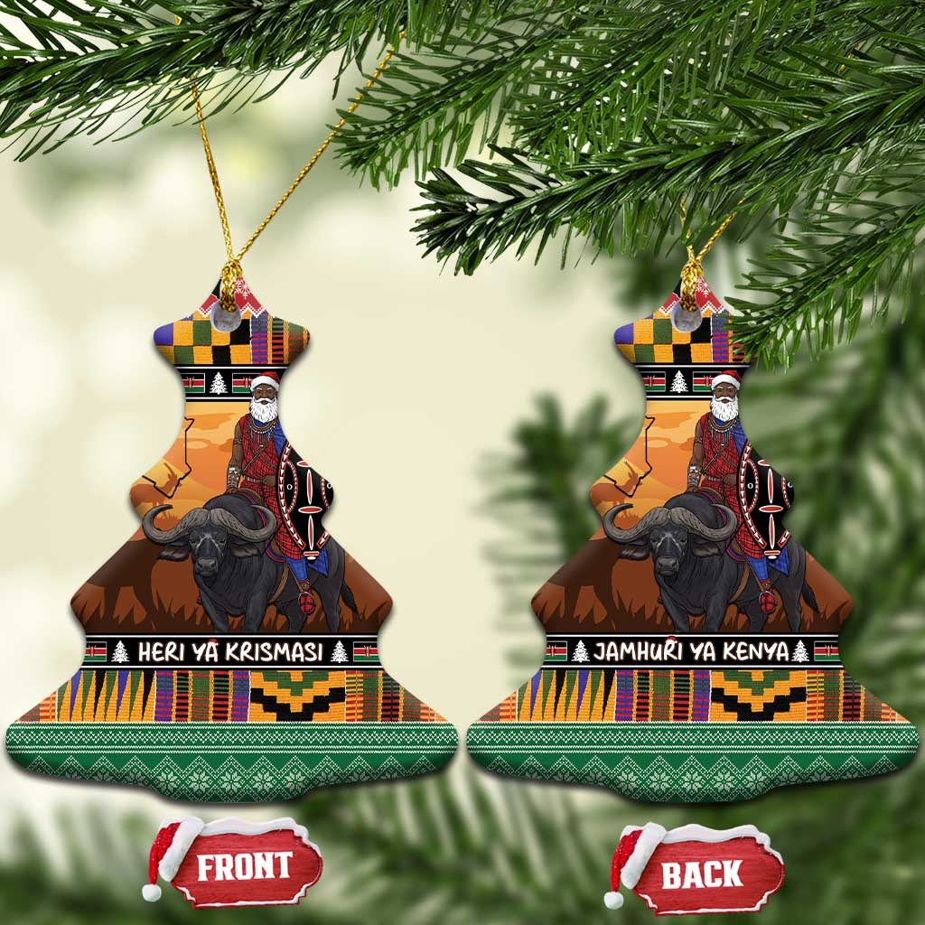 Kenya Safari Christmas Ceramic Ornament Black Santa Riding Cape Buffalo - Heri ya Krismasi - Wonder Print Shop