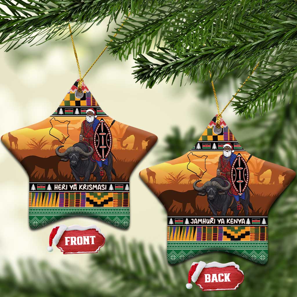 Kenya Safari Christmas Ceramic Ornament Black Santa Riding Cape Buffalo - Heri ya Krismasi - Wonder Print Shop