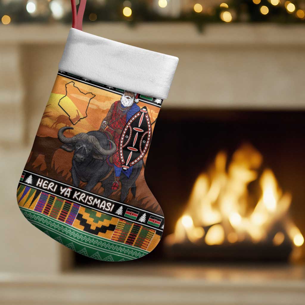 Kenya Safari Christmas Stocking Black Santa Riding Cape Buffalo - Heri ya Krismasi - Wonder Print Shop
