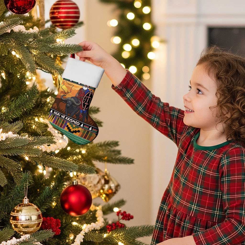 Kenya Safari Christmas Stocking Black Santa Riding Cape Buffalo - Heri ya Krismasi - Wonder Print Shop