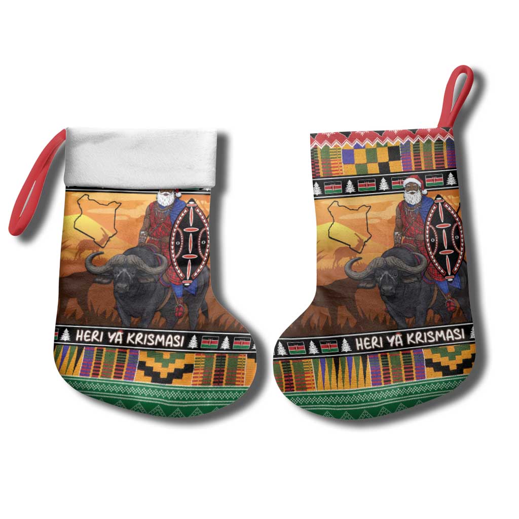 Kenya Safari Christmas Stocking Black Santa Riding Cape Buffalo - Heri ya Krismasi - Wonder Print Shop