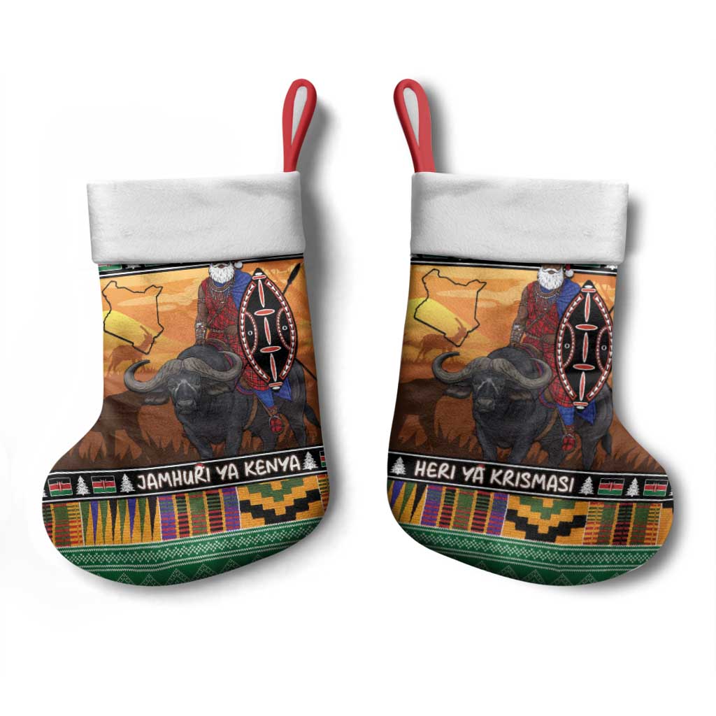 Kenya Safari Christmas Stocking Black Santa Riding Cape Buffalo - Heri ya Krismasi - Wonder Print Shop