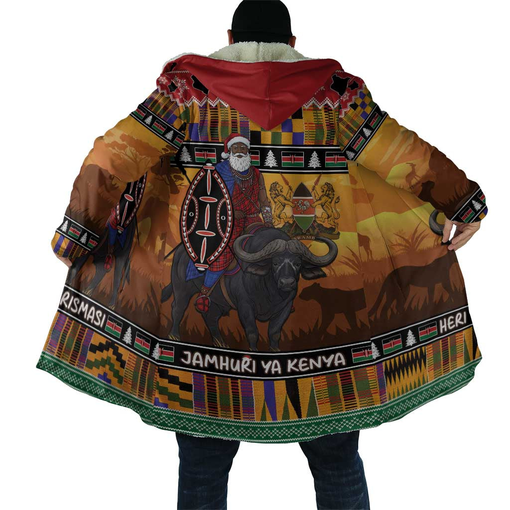 Kenya Safari Christmas Cloak Black Santa Riding Cape Buffalo - Heri ya Krismasi - Wonder Print Shop