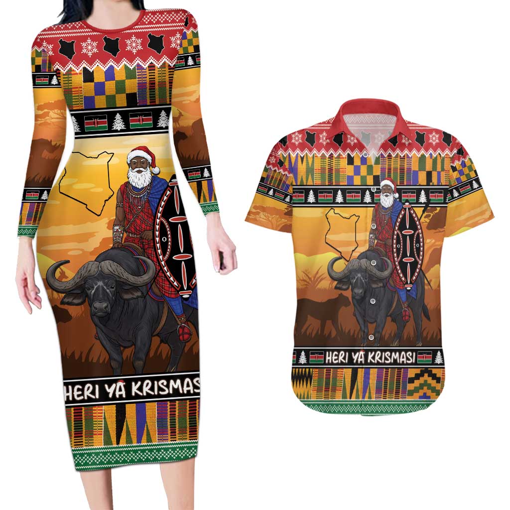 Kenya Safari Christmas Couples Matching Long Sleeve Bodycon Dress and Hawaiian Shirt Black Santa Riding Cape Buffalo - Heri ya Krismasi - Wonder Print Shop