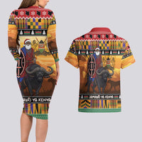 Kenya Safari Christmas Couples Matching Long Sleeve Bodycon Dress and Hawaiian Shirt Black Santa Riding Cape Buffalo - Heri ya Krismasi - Wonder Print Shop
