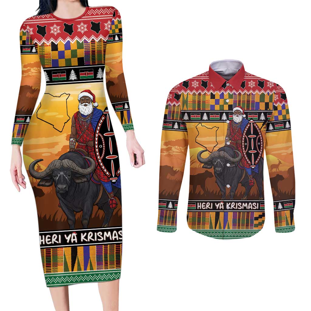 Kenya Safari Christmas Couples Matching Long Sleeve Bodycon Dress and Long Sleeve Button Shirt Black Santa Riding Cape Buffalo - Heri ya Krismasi - Wonder Print Shop