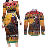 Kenya Safari Christmas Couples Matching Long Sleeve Bodycon Dress and Long Sleeve Button Shirt Black Santa Riding Cape Buffalo - Heri ya Krismasi - Wonder Print Shop