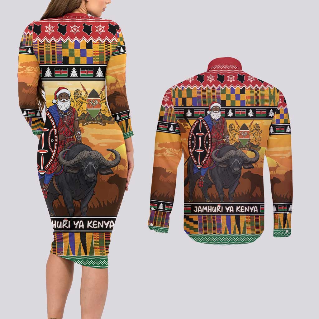 Kenya Safari Christmas Couples Matching Long Sleeve Bodycon Dress and Long Sleeve Button Shirt Black Santa Riding Cape Buffalo - Heri ya Krismasi - Wonder Print Shop