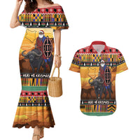 Kenya Safari Christmas Couples Matching Mermaid Dress and Hawaiian Shirt Black Santa Riding Cape Buffalo - Heri ya Krismasi - Wonder Print Shop