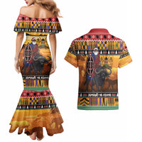 Kenya Safari Christmas Couples Matching Mermaid Dress and Hawaiian Shirt Black Santa Riding Cape Buffalo - Heri ya Krismasi - Wonder Print Shop