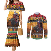 Kenya Safari Christmas Couples Matching Mermaid Dress and Long Sleeve Button Shirt Black Santa Riding Cape Buffalo - Heri ya Krismasi - Wonder Print Shop