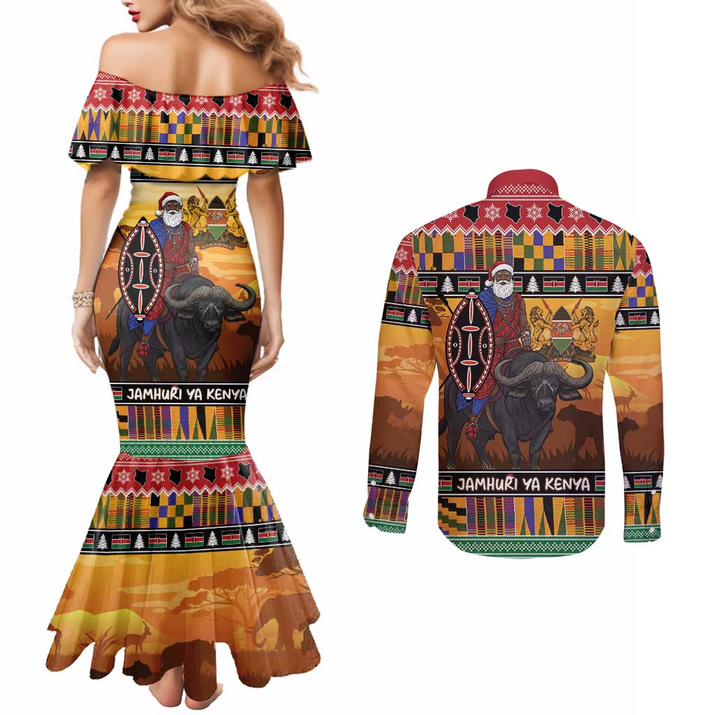 Kenya Safari Christmas Couples Matching Mermaid Dress and Long Sleeve Button Shirt Black Santa Riding Cape Buffalo - Heri ya Krismasi - Wonder Print Shop