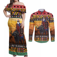 Kenya Safari Christmas Couples Matching Off Shoulder Maxi Dress and Long Sleeve Button Shirt Black Santa Riding Cape Buffalo - Heri ya Krismasi - Wonder Print Shop