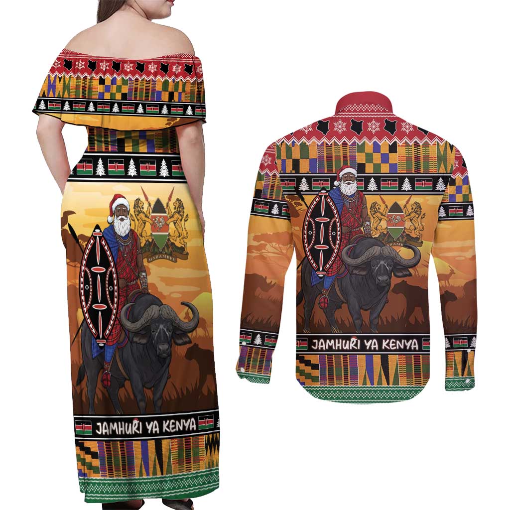 Kenya Safari Christmas Couples Matching Off Shoulder Maxi Dress and Long Sleeve Button Shirt Black Santa Riding Cape Buffalo - Heri ya Krismasi - Wonder Print Shop