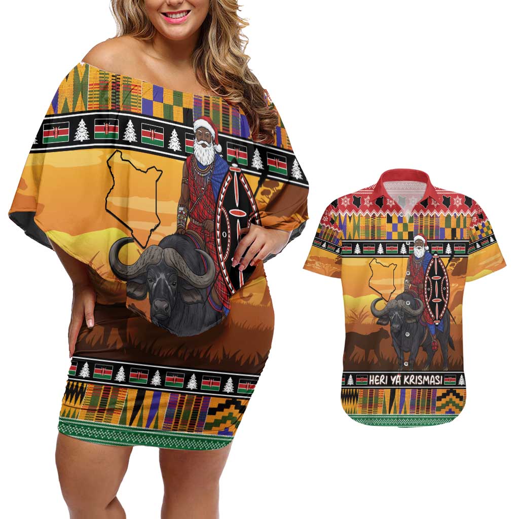 Kenya Safari Christmas Couples Matching Off Shoulder Short Dress and Hawaiian Shirt Black Santa Riding Cape Buffalo - Heri ya Krismasi - Wonder Print Shop