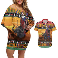 Kenya Safari Christmas Couples Matching Off Shoulder Short Dress and Hawaiian Shirt Black Santa Riding Cape Buffalo - Heri ya Krismasi - Wonder Print Shop