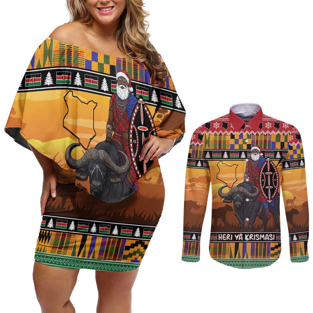 Kenya Safari Christmas Couples Matching Off Shoulder Short Dress and Long Sleeve Button Shirt Black Santa Riding Cape Buffalo - Heri ya Krismasi - Wonder Print Shop