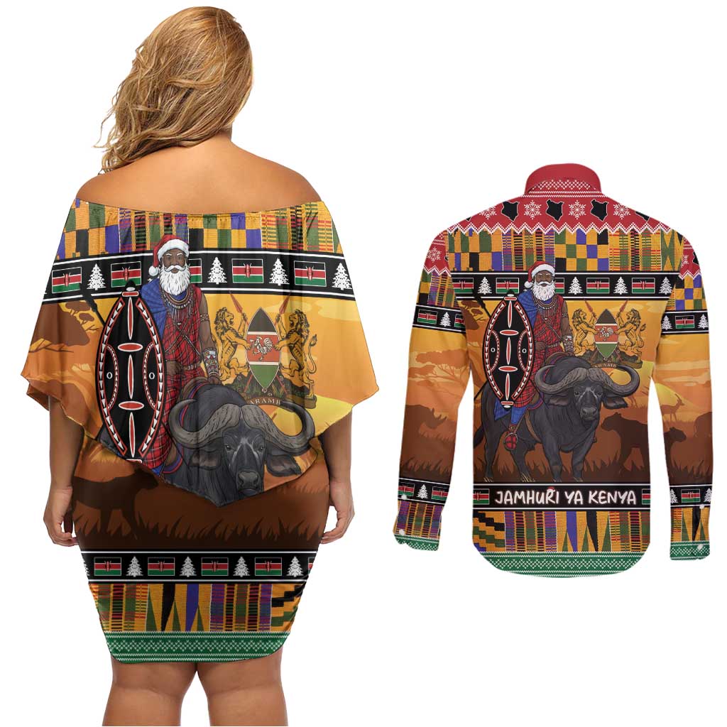 Kenya Safari Christmas Couples Matching Off Shoulder Short Dress and Long Sleeve Button Shirt Black Santa Riding Cape Buffalo - Heri ya Krismasi - Wonder Print Shop