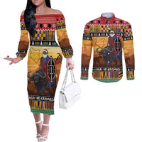 Kenya Safari Christmas Couples Matching Off The Shoulder Long Sleeve Dress and Long Sleeve Button Shirt Black Santa Riding Cape Buffalo - Heri ya Krismasi - Wonder Print Shop
