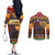 Kenya Safari Christmas Couples Matching Off The Shoulder Long Sleeve Dress and Long Sleeve Button Shirt Black Santa Riding Cape Buffalo - Heri ya Krismasi - Wonder Print Shop