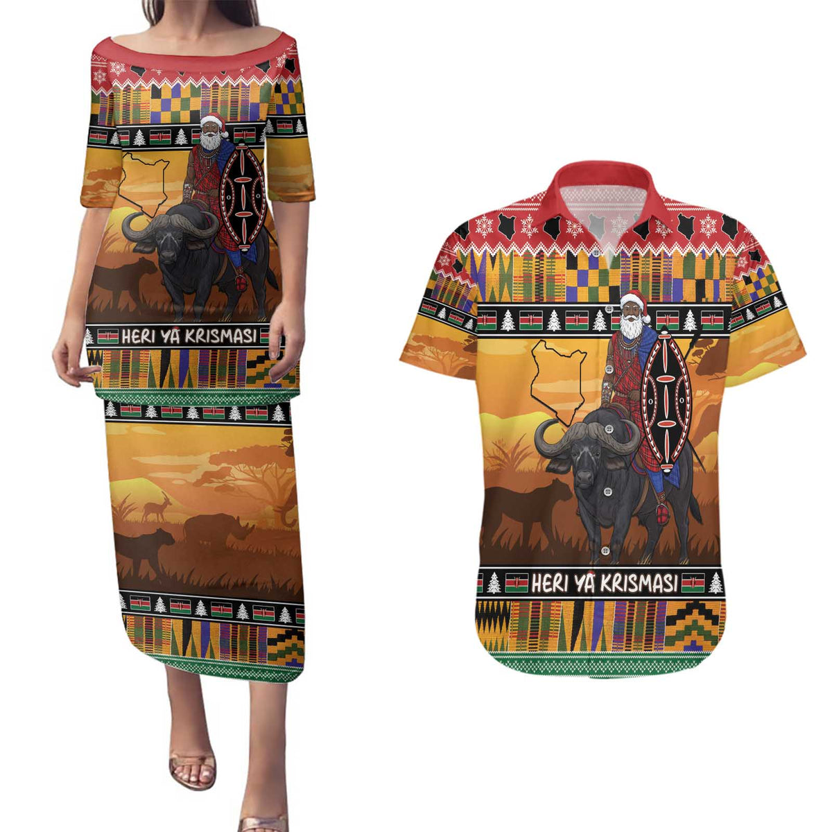 Kenya Safari Christmas Couples Matching Puletasi and Hawaiian Shirt Black Santa Riding Cape Buffalo - Heri ya Krismasi - Wonder Print Shop