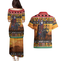 Kenya Safari Christmas Couples Matching Puletasi and Hawaiian Shirt Black Santa Riding Cape Buffalo - Heri ya Krismasi - Wonder Print Shop