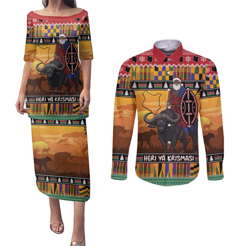 Kenya Safari Christmas Couples Matching Puletasi and Long Sleeve Button Shirt Black Santa Riding Cape Buffalo - Heri ya Krismasi - Wonder Print Shop