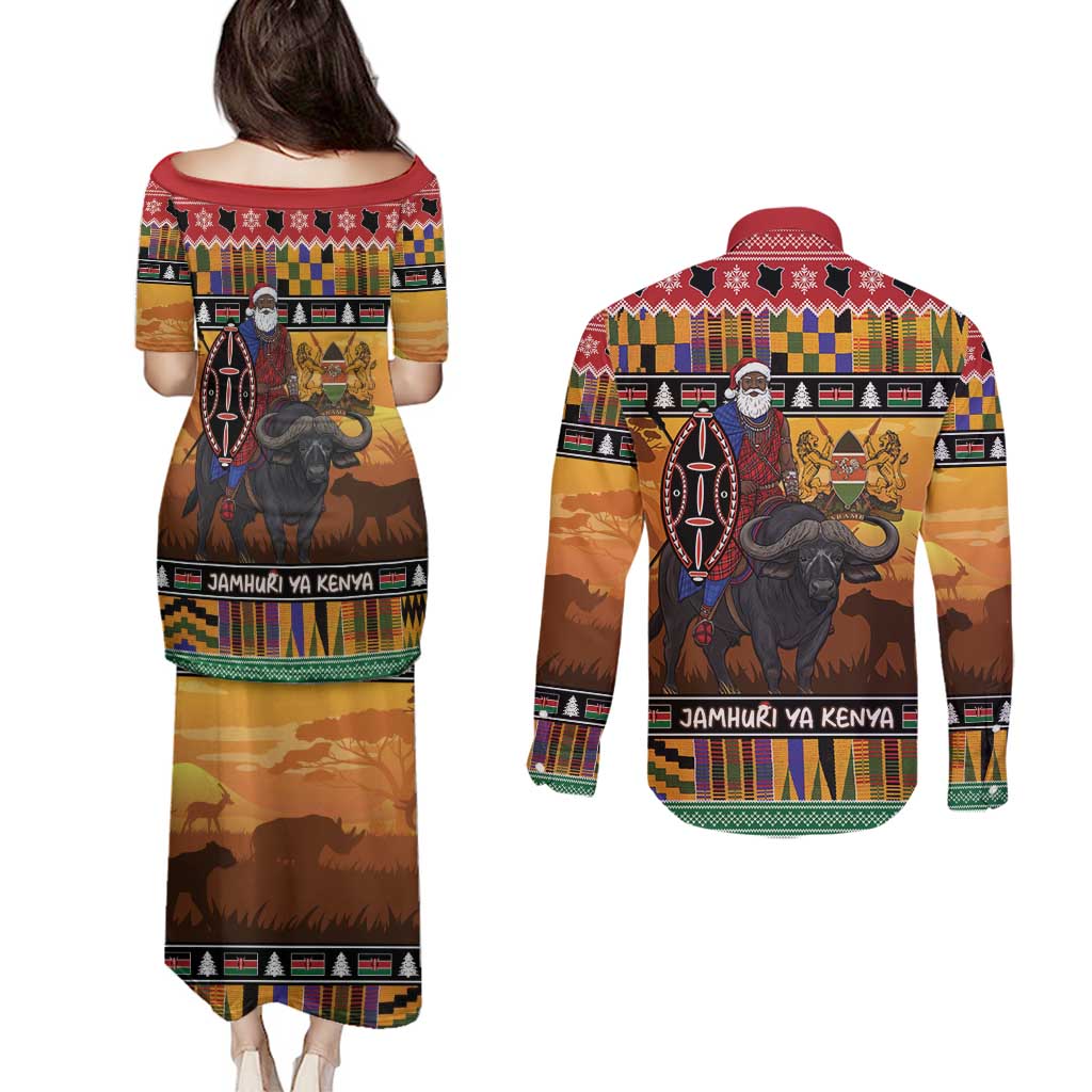 Kenya Safari Christmas Couples Matching Puletasi and Long Sleeve Button Shirt Black Santa Riding Cape Buffalo - Heri ya Krismasi - Wonder Print Shop