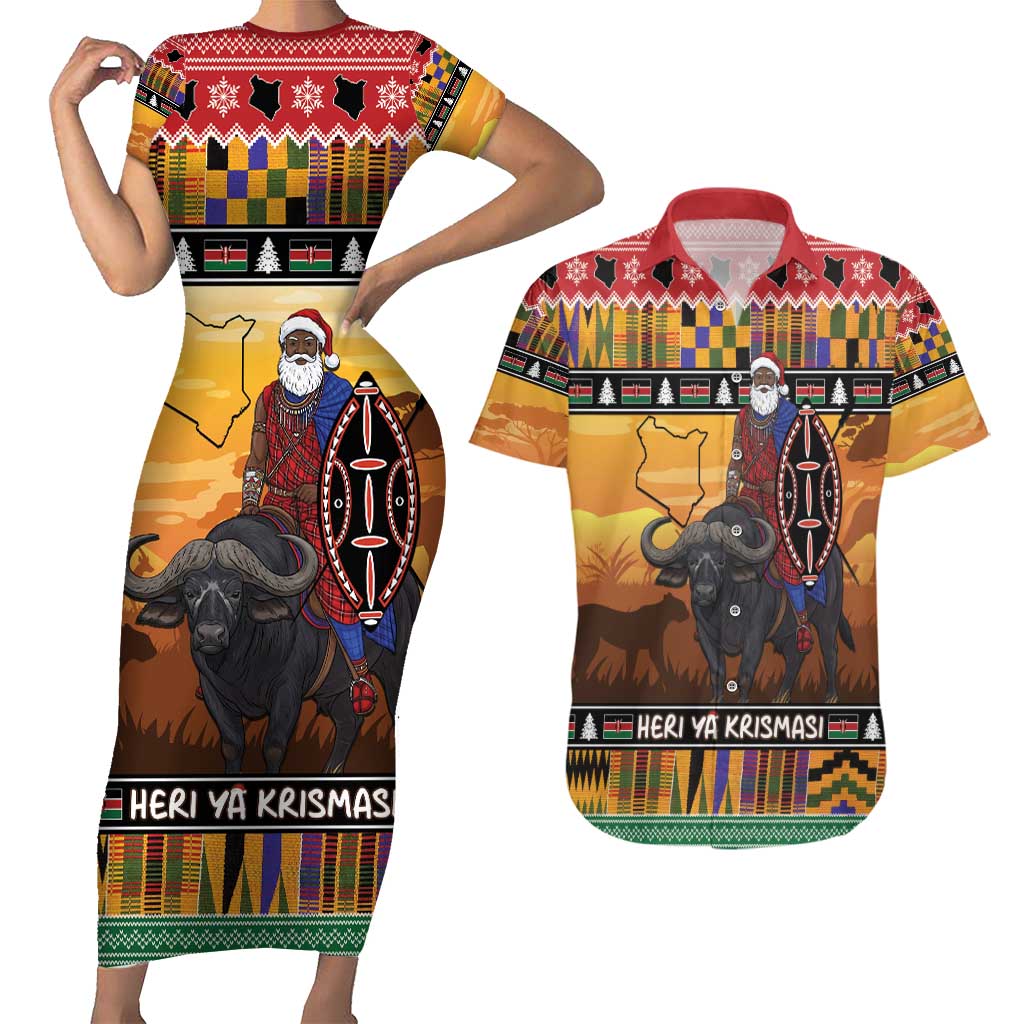 Kenya Safari Christmas Couples Matching Short Sleeve Bodycon Dress and Hawaiian Shirt Black Santa Riding Cape Buffalo - Heri ya Krismasi - Wonder Print Shop