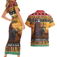 Kenya Safari Christmas Couples Matching Short Sleeve Bodycon Dress and Hawaiian Shirt Black Santa Riding Cape Buffalo - Heri ya Krismasi - Wonder Print Shop