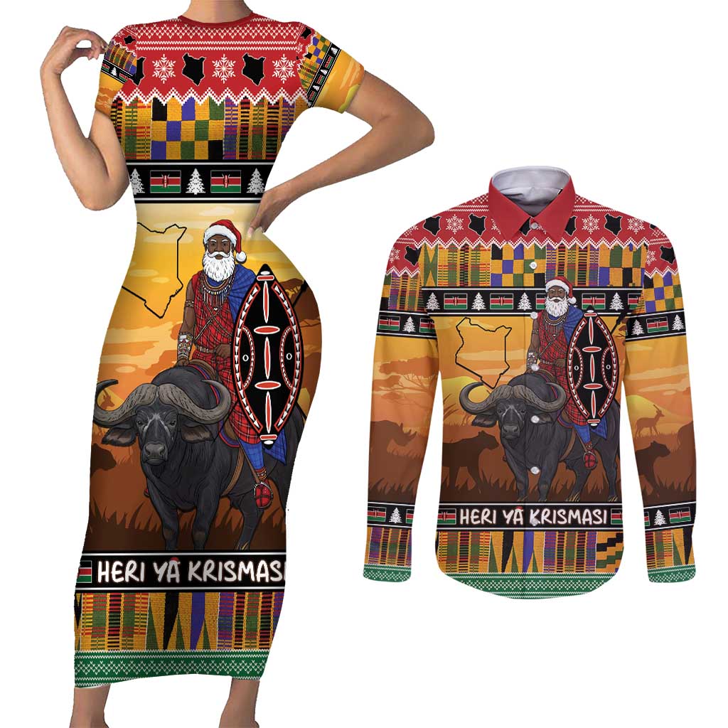 Kenya Safari Christmas Couples Matching Short Sleeve Bodycon Dress and Long Sleeve Button Shirt Black Santa Riding Cape Buffalo - Heri ya Krismasi - Wonder Print Shop