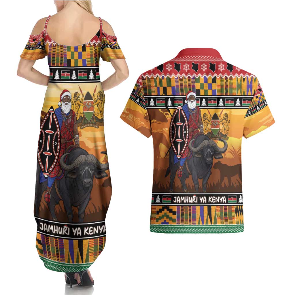 Kenya Safari Christmas Couples Matching Summer Maxi Dress and Hawaiian Shirt Black Santa Riding Cape Buffalo - Heri ya Krismasi - Wonder Print Shop