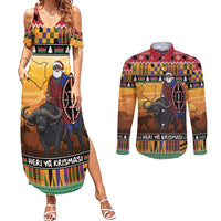 Kenya Safari Christmas Couples Matching Summer Maxi Dress and Long Sleeve Button Shirt Black Santa Riding Cape Buffalo - Heri ya Krismasi - Wonder Print Shop