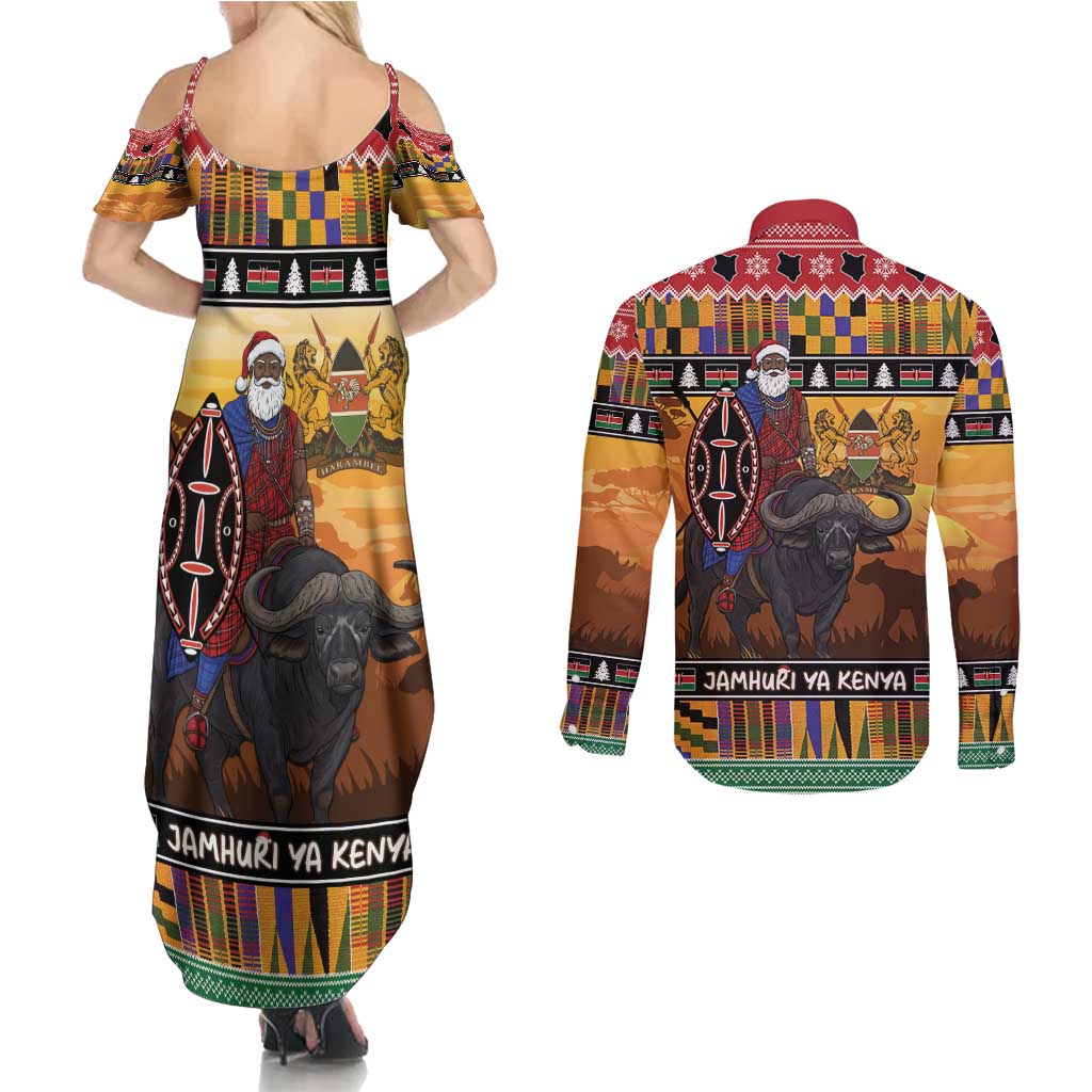 Kenya Safari Christmas Couples Matching Summer Maxi Dress and Long Sleeve Button Shirt Black Santa Riding Cape Buffalo - Heri ya Krismasi - Wonder Print Shop