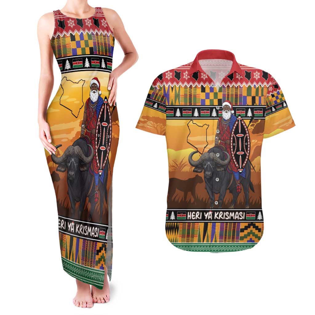 Kenya Safari Christmas Couples Matching Tank Maxi Dress and Hawaiian Shirt Black Santa Riding Cape Buffalo - Heri ya Krismasi - Wonder Print Shop
