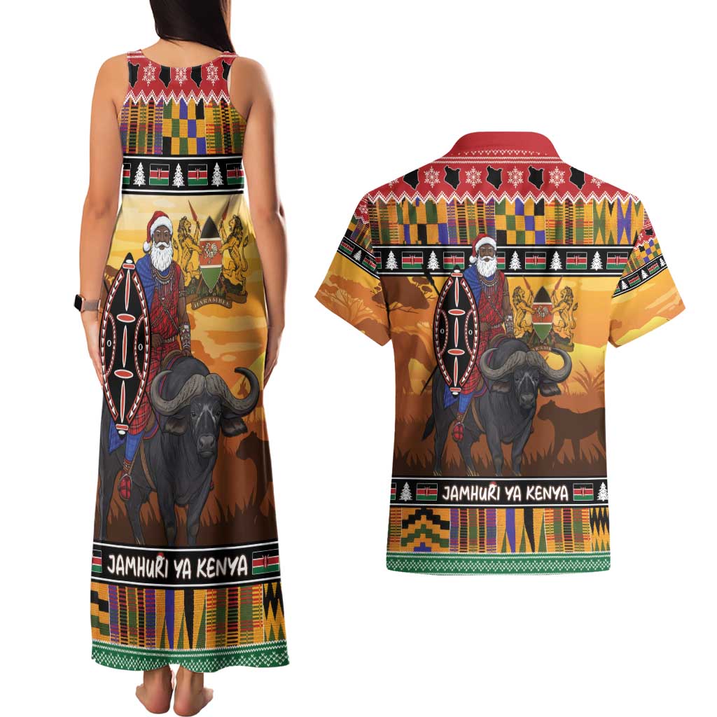 Kenya Safari Christmas Couples Matching Tank Maxi Dress and Hawaiian Shirt Black Santa Riding Cape Buffalo - Heri ya Krismasi - Wonder Print Shop
