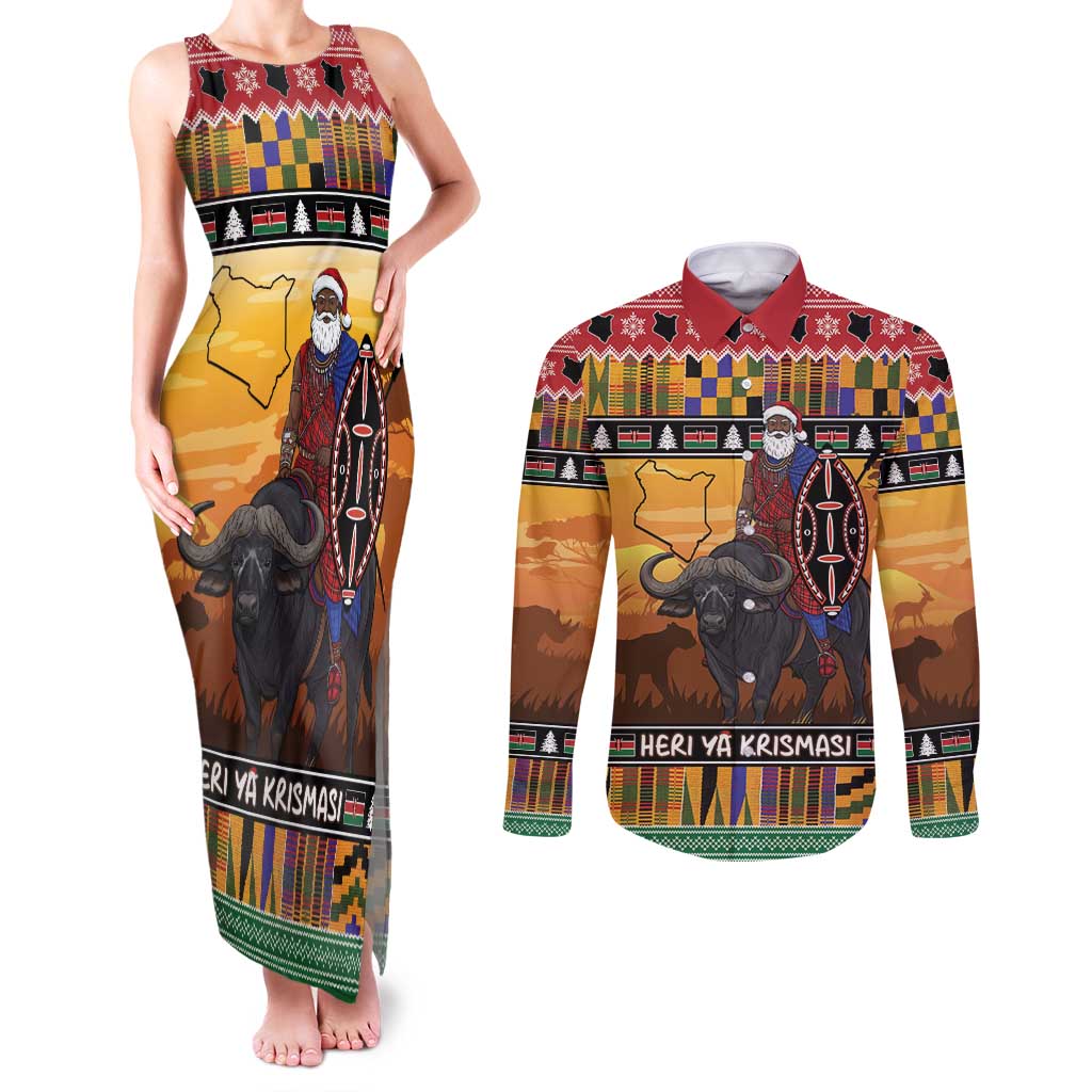 Kenya Safari Christmas Couples Matching Tank Maxi Dress and Long Sleeve Button Shirt Black Santa Riding Cape Buffalo - Heri ya Krismasi - Wonder Print Shop