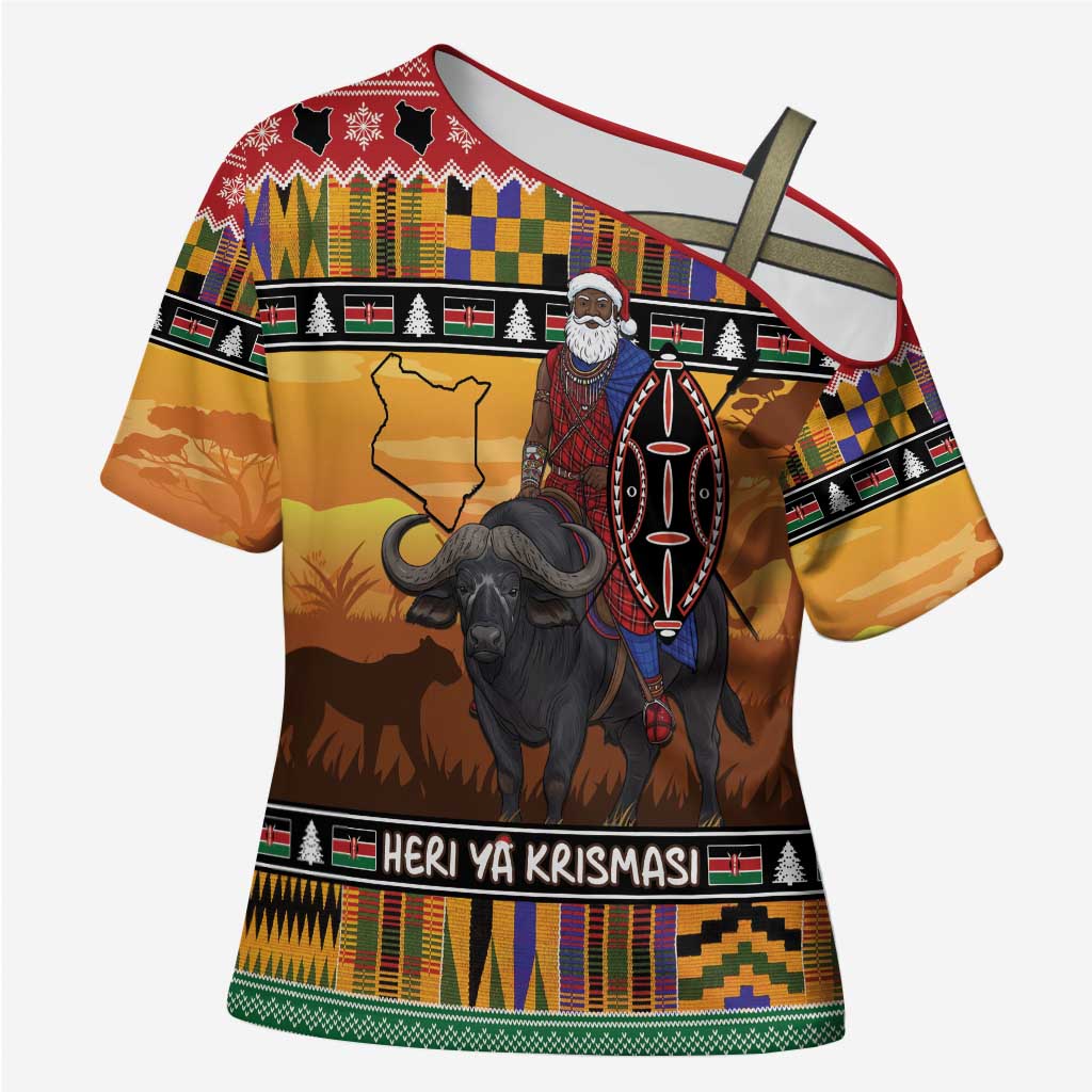 Kenya Safari Christmas Cross Shoulder Shirt Black Santa Riding Cape Buffalo - Heri ya Krismasi - Wonder Print Shop
