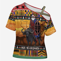Kenya Safari Christmas Cross Shoulder Shirt Black Santa Riding Cape Buffalo - Heri ya Krismasi - Wonder Print Shop