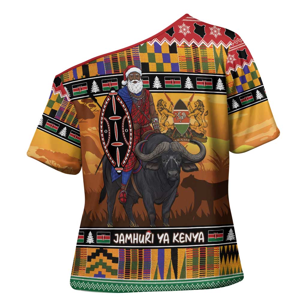Kenya Safari Christmas Cross Shoulder Shirt Black Santa Riding Cape Buffalo - Heri ya Krismasi - Wonder Print Shop