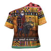 Kenya Safari Christmas Cross Shoulder Shirt Black Santa Riding Cape Buffalo - Heri ya Krismasi - Wonder Print Shop