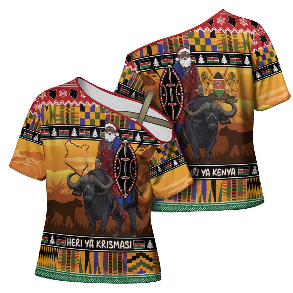 Kenya Safari Christmas Cross Shoulder Shirt Black Santa Riding Cape Buffalo - Heri ya Krismasi - Wonder Print Shop