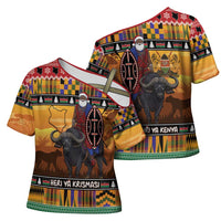 Kenya Safari Christmas Cross Shoulder Shirt Black Santa Riding Cape Buffalo - Heri ya Krismasi - Wonder Print Shop